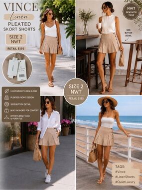 Vince Beige Linen Blend Skort Size 2 High Rise Side Packets Coastal Chic NWT